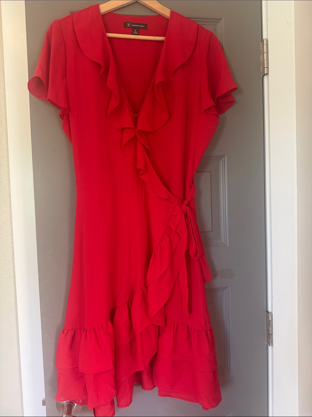 INC International Concepts Bright Red Ruffle Wrap Midi Dress